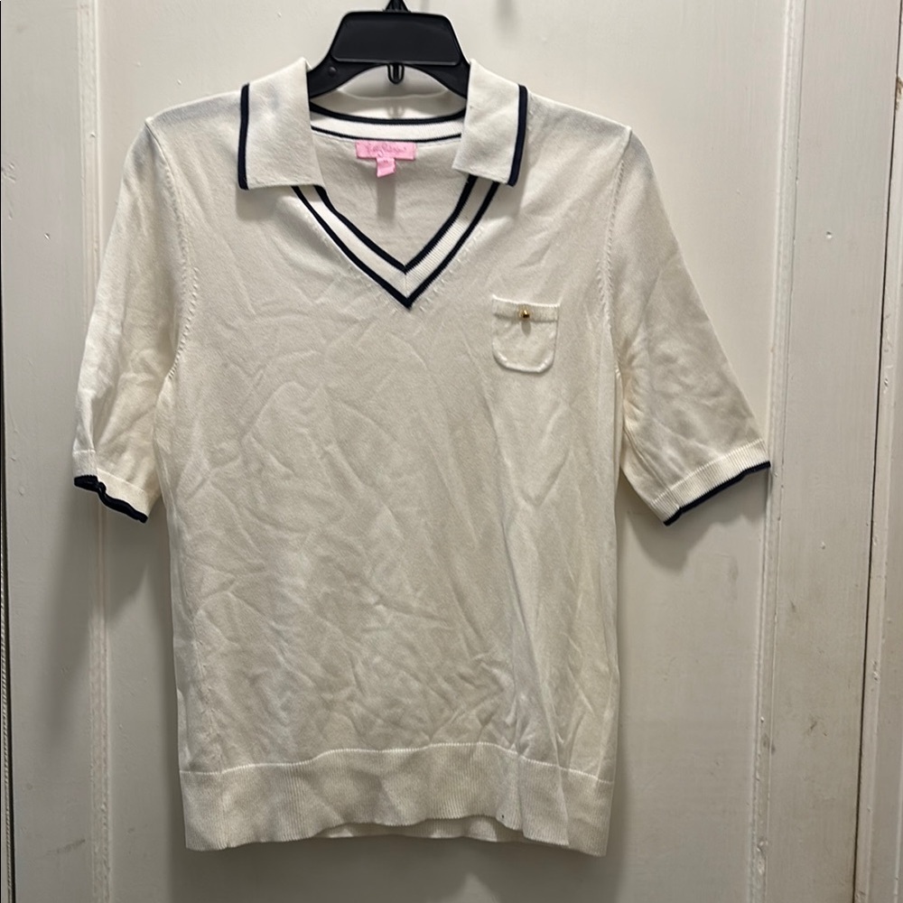 Lilly Pulitzer White Blouse with V-Neck and Ribbed Cuffs